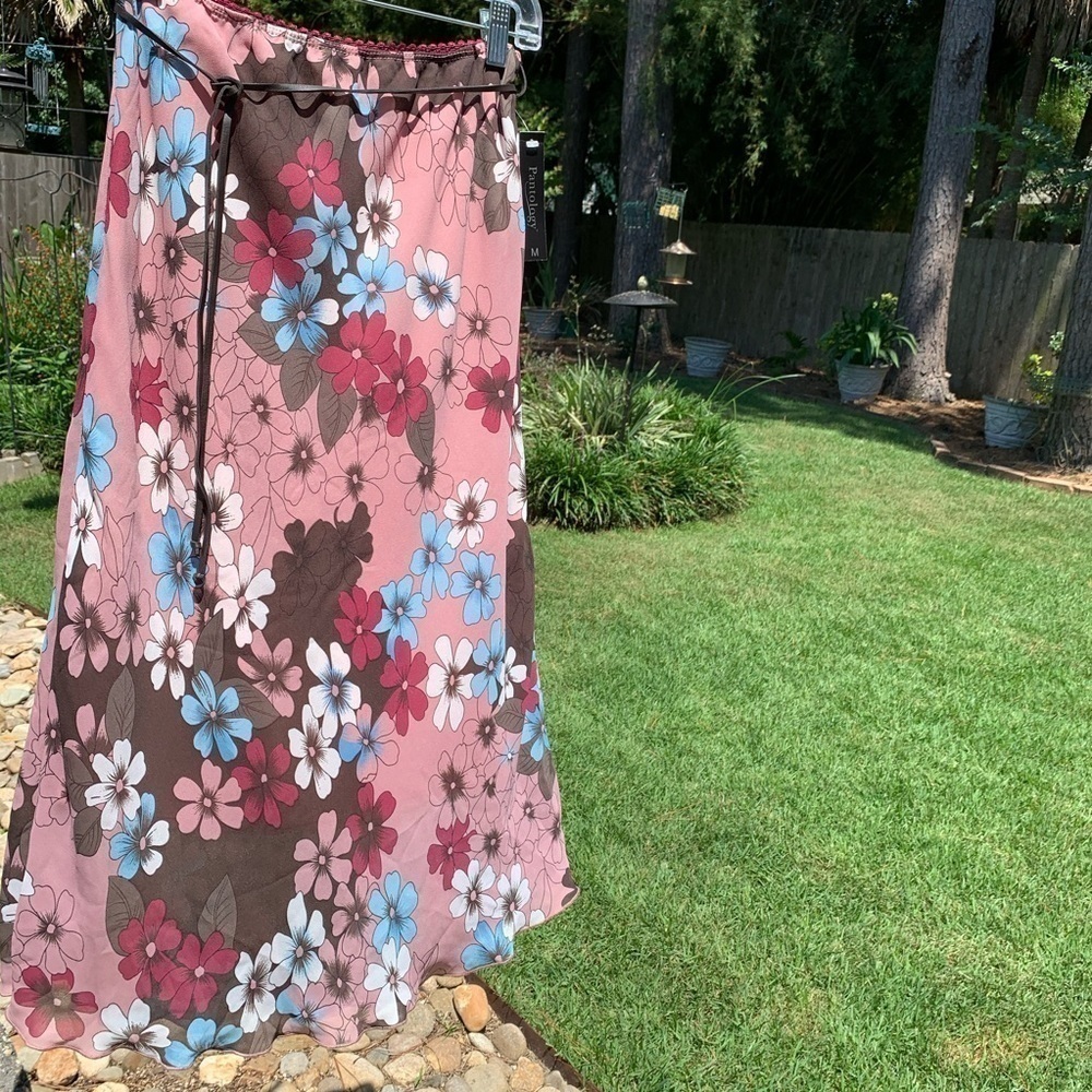 PANTOLOGY Belted Floral print skirt rose burgundy brown blue fall spring summer - Picture 2 of 9